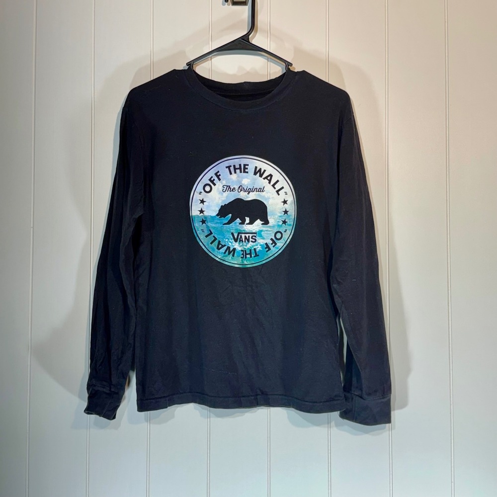 Vans Off The Wall Bear Graphic Long Sleeve T-Shirt Kids Large Black Cotton Tee